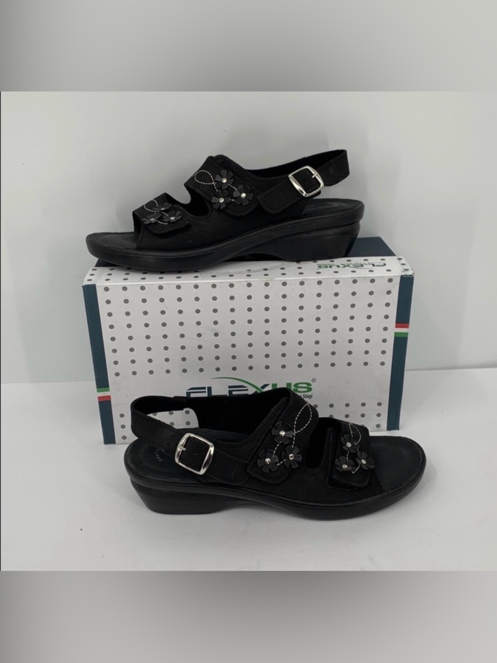 Flexus Spring Step Ceri comfort sandal wedge black leather Italy shoe new 39 8.5